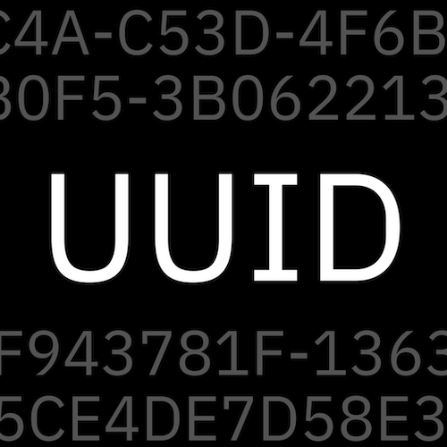 UUID+ app icon, which has a black background with white mono-spaced text saying 'UUID' with smaller gray UUIDs above and below.